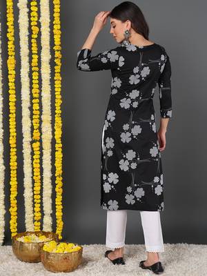 women black cotton floral printed straight kurta 4