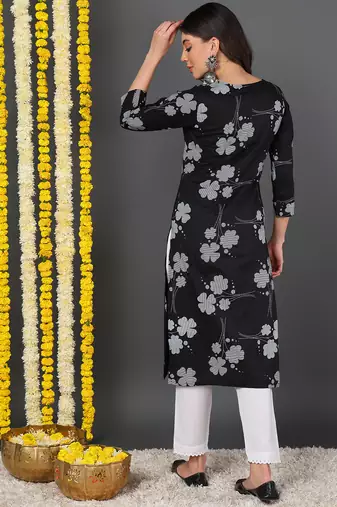 women black cotton floral printed straight kurta