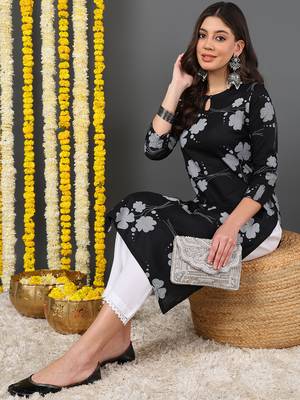 women black cotton floral printed straight kurta 5