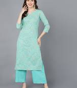women sea green cotton kalamkari printed straight kurta