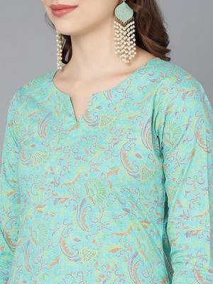 women sea green cotton kalamkari printed straight kurta 2