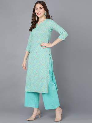 women sea green cotton kalamkari printed straight kurta 3