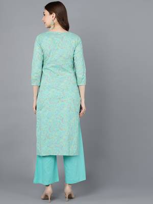 women sea green cotton kalamkari printed straight kurta 4