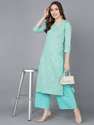 women sea green cotton kalamkari printed straight kurta 5