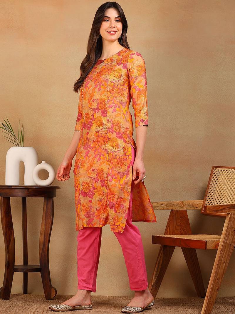 women beige silk floral printed straight kurta