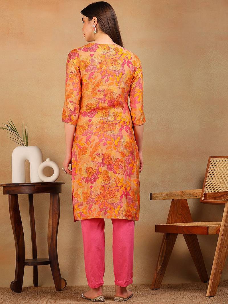 women beige silk floral printed straight kurta