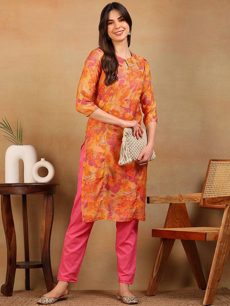 women beige silk floral printed straight kurta