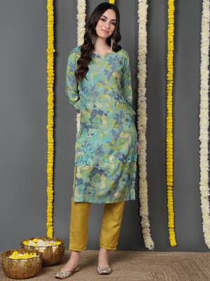 women green silk floral printed straight kurta 1