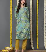 women green silk floral printed straight kurta