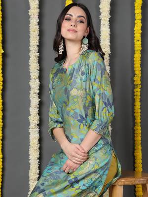 women green silk floral printed straight kurta 2