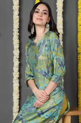 women green silk floral printed straight kurta