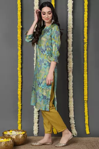 women green silk floral printed straight kurta