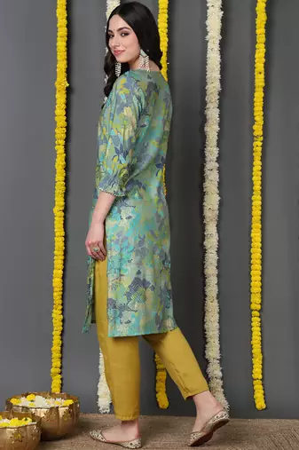 women green silk floral printed straight kurta