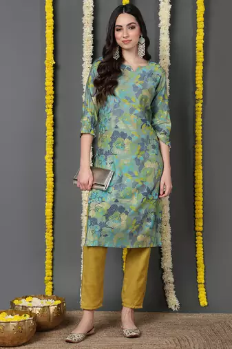 women green silk floral printed straight kurta