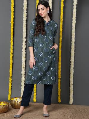 women teal cotton ethnic motifs printed straight kurta 1
