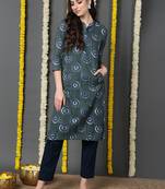 women teal cotton ethnic motifs printed straight kurta