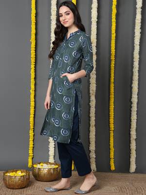 women teal cotton ethnic motifs printed straight kurta 3