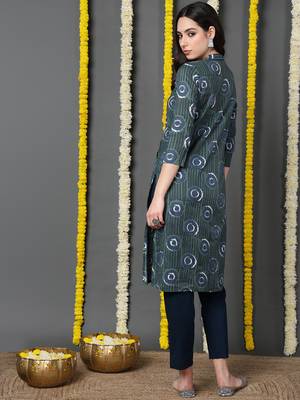 women teal cotton ethnic motifs printed straight kurta 4