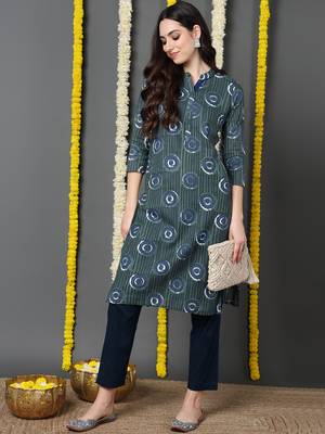 women teal cotton ethnic motifs printed straight kurta 5