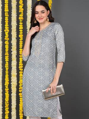 grey cotton blend bandhani printed straight kurta 1