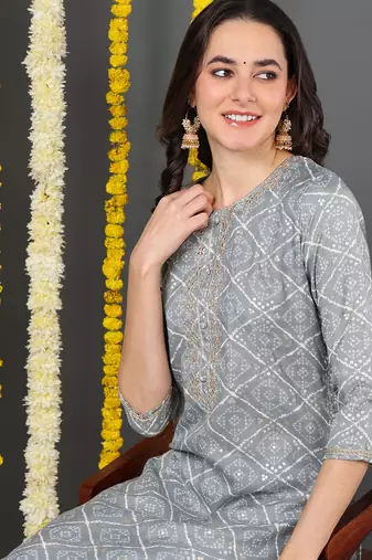 grey cotton blend bandhani printed straight kurta