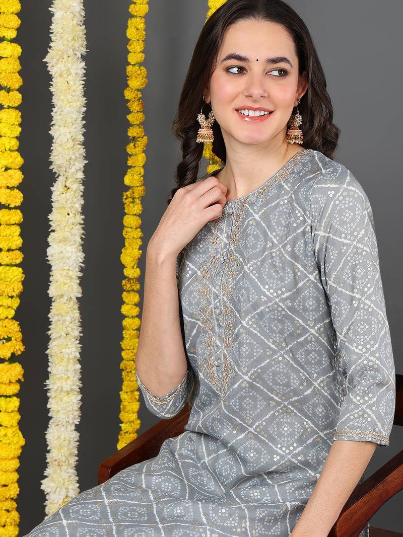 grey cotton blend bandhani printed straight kurta