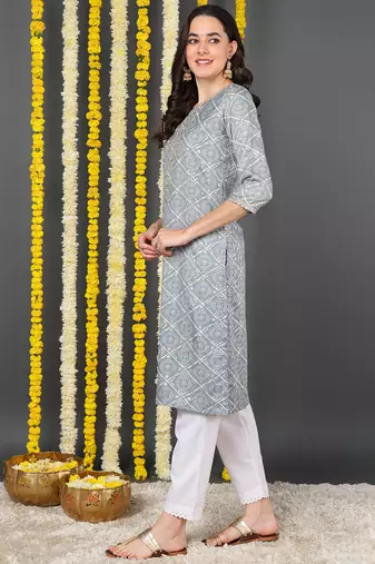 grey cotton blend bandhani printed straight kurta