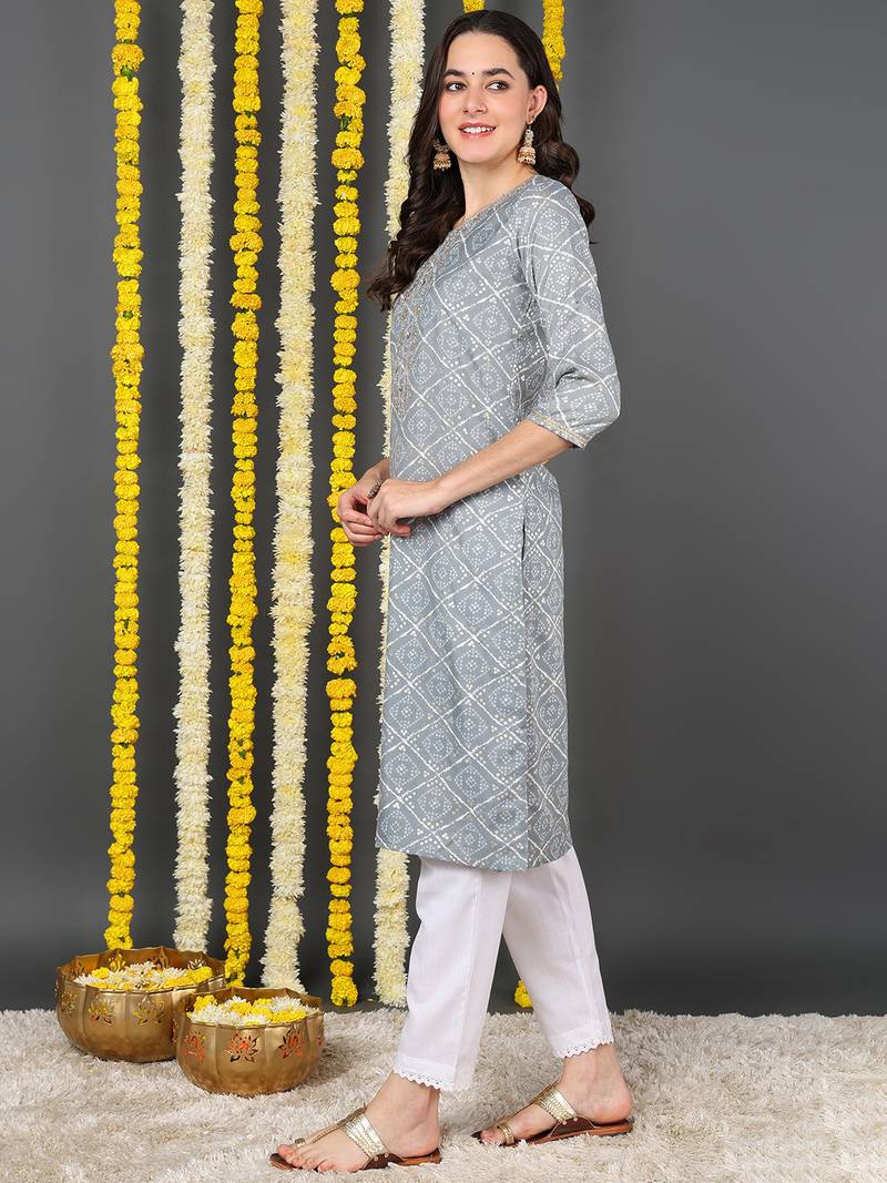 grey cotton blend bandhani printed straight kurta