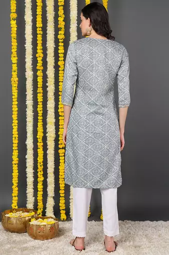grey cotton blend bandhani printed straight kurta