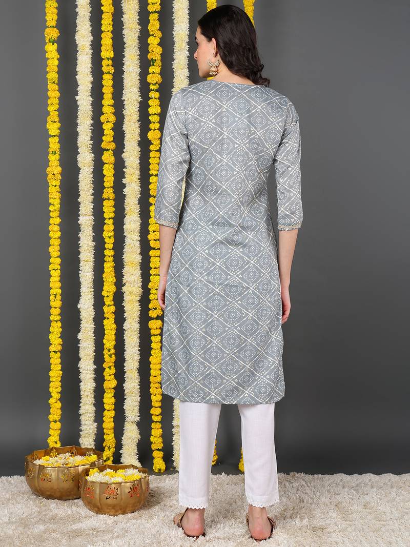 grey cotton blend bandhani printed straight kurta