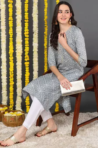 grey cotton blend bandhani printed straight kurta
