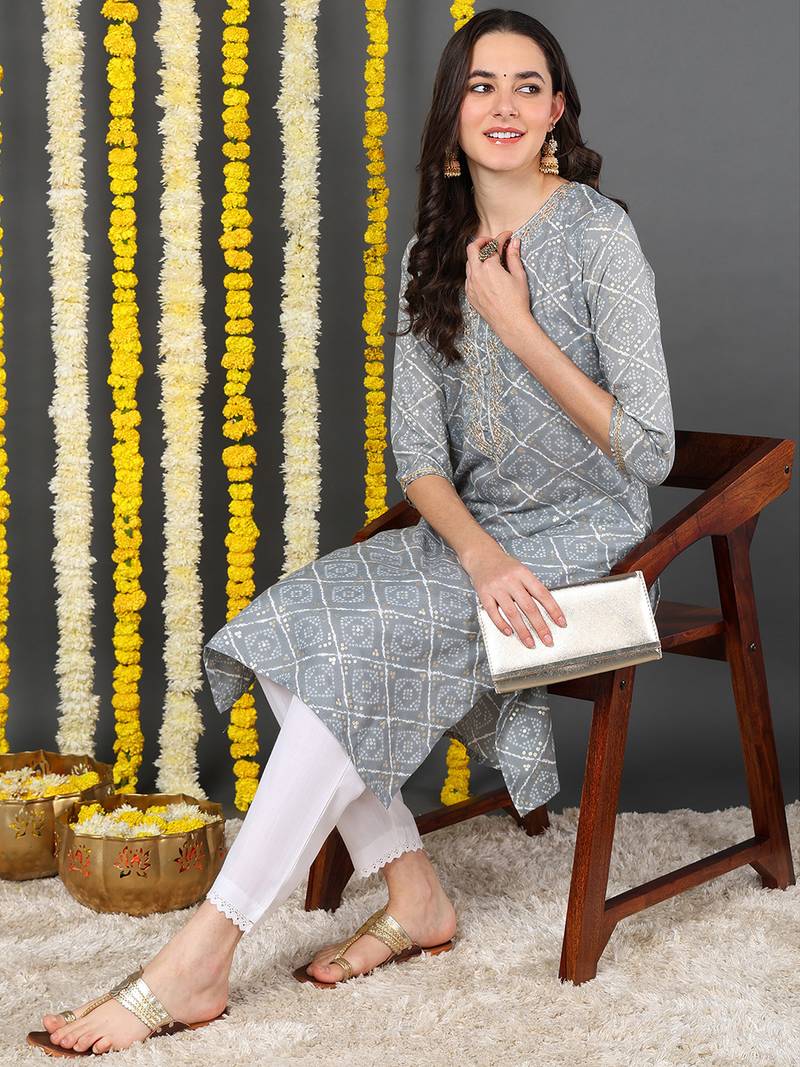 grey cotton blend bandhani printed straight kurta