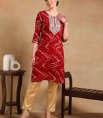 women red viscose rayon chevron embroidered straight kurta