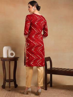 women red viscose rayon chevron embroidered straight kurta 4