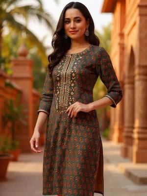 women olive cotton blend floral embroidered straight kurta 1