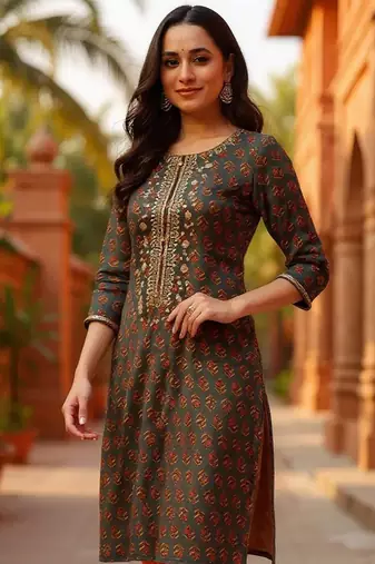 women olive cotton blend floral embroidered straight kurta