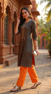women olive cotton blend floral embroidered straight kurta 2