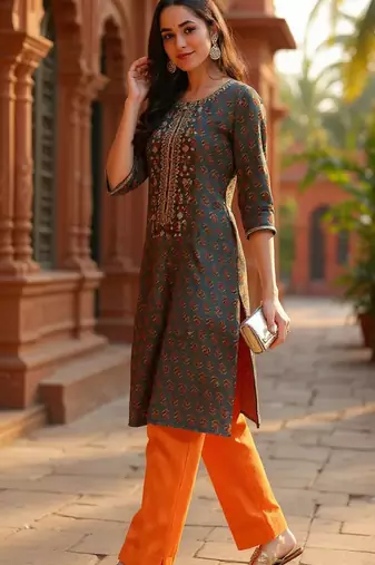 women olive cotton blend floral embroidered straight kurta