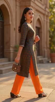 women olive cotton blend floral embroidered straight kurta 3