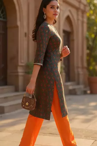 women olive cotton blend floral embroidered straight kurta