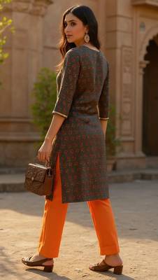 women olive cotton blend floral embroidered straight kurta 4