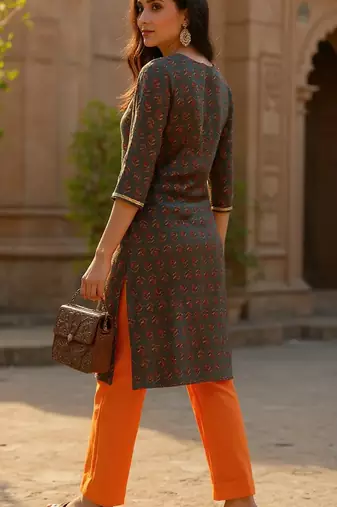 women olive cotton blend floral embroidered straight kurta