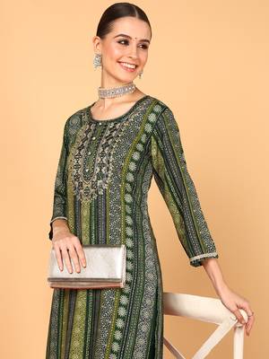 women green viscose rayon bandhani embroidered straight kurta 2