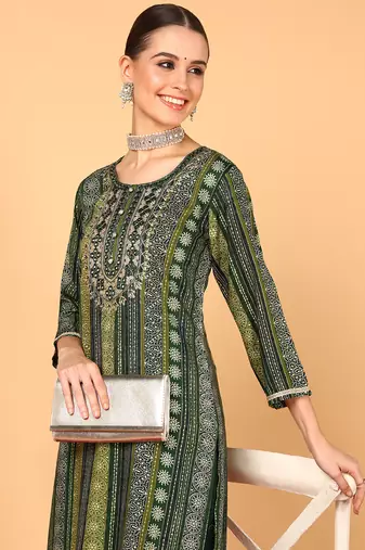women green viscose rayon bandhani embroidered straight kurta