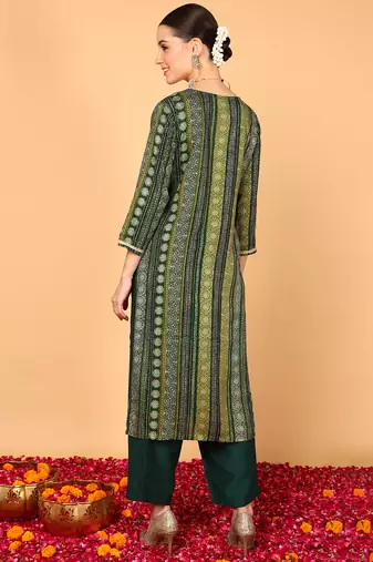 women green viscose rayon bandhani embroidered straight kurta