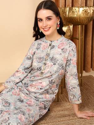 women grey viscose rayon floral printed straight kurta 1