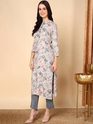 women grey viscose rayon floral printed straight kurta 2