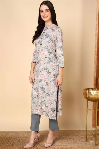 women grey viscose rayon floral printed straight kurta