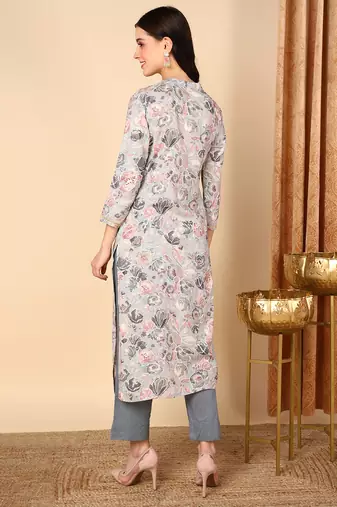 women grey viscose rayon floral printed straight kurta