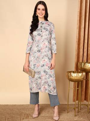 women grey viscose rayon floral printed straight kurta 4